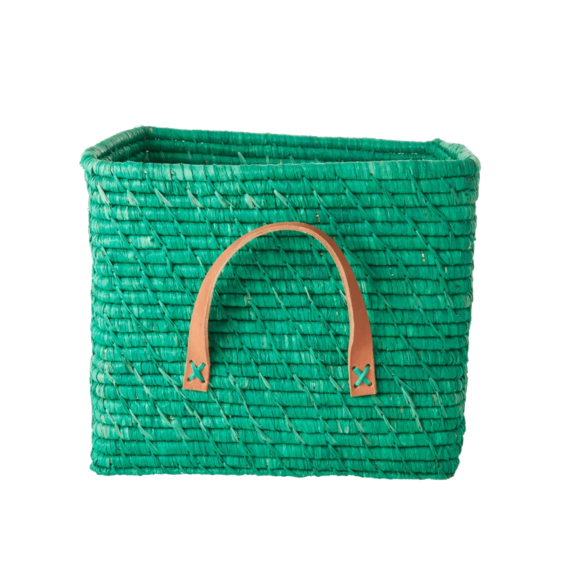 Green Square Raffia Basket Tan Leather Handles Rice